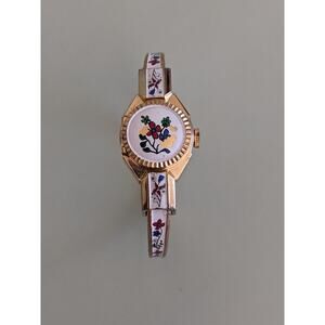 FLAW BROKEN Vintage Lugano Gold Tone Bangle Peekaboo Watch Flower Enamel